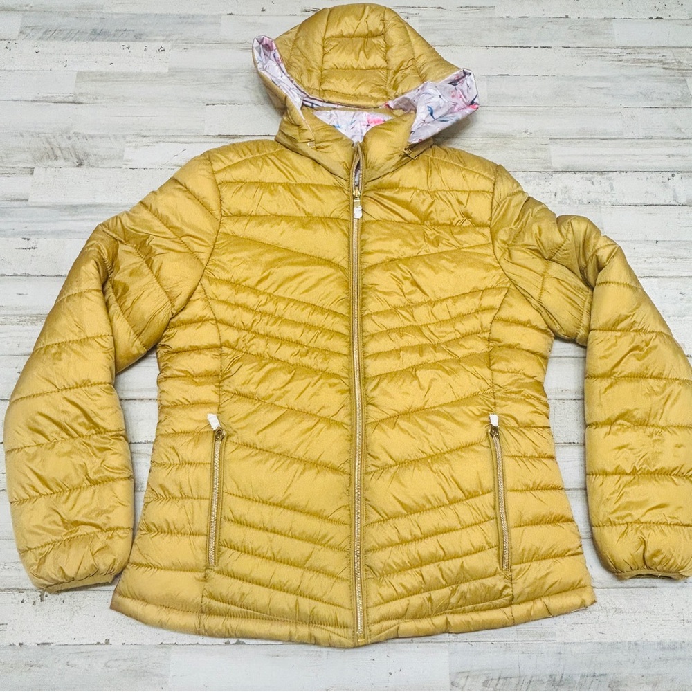 Women’s XL Polu Lightweight Reversible Puffer Jacket Gold Floral Removable Hood